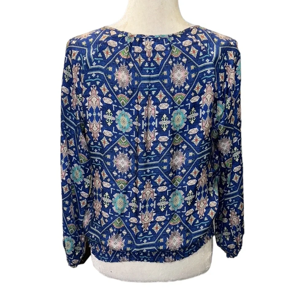 Anthropologie Ecru Weaver Kilim Royal Cobalt Blue Silk Tie Neck Tassel Blouse M